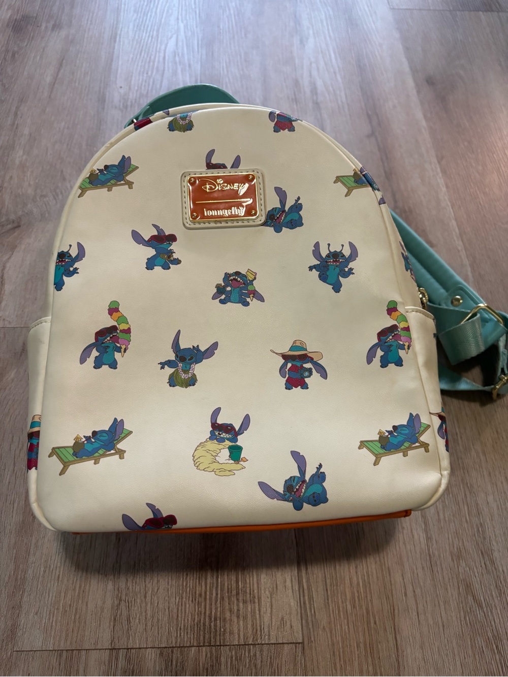Disney Cream Stitch Pattern Mini Backpack with Teal Straps